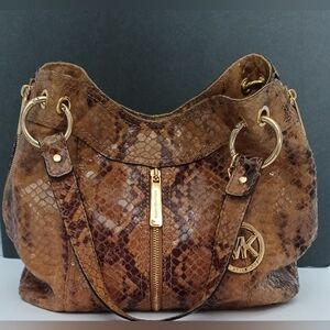 Michael Kors Brown Python Embossed Leather Tote with Shoulder Straps
